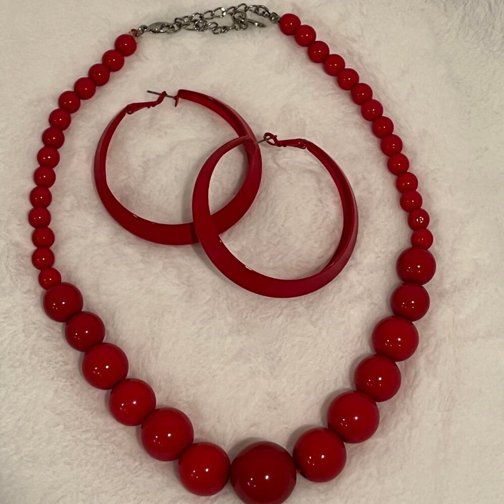Red Bead Necklace with Matching Red Hoops